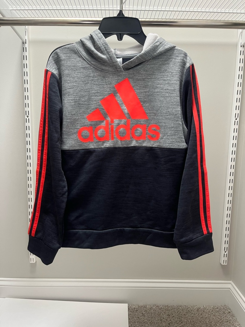 adidas Grey & Black Hoodie with Red Logo Stripes